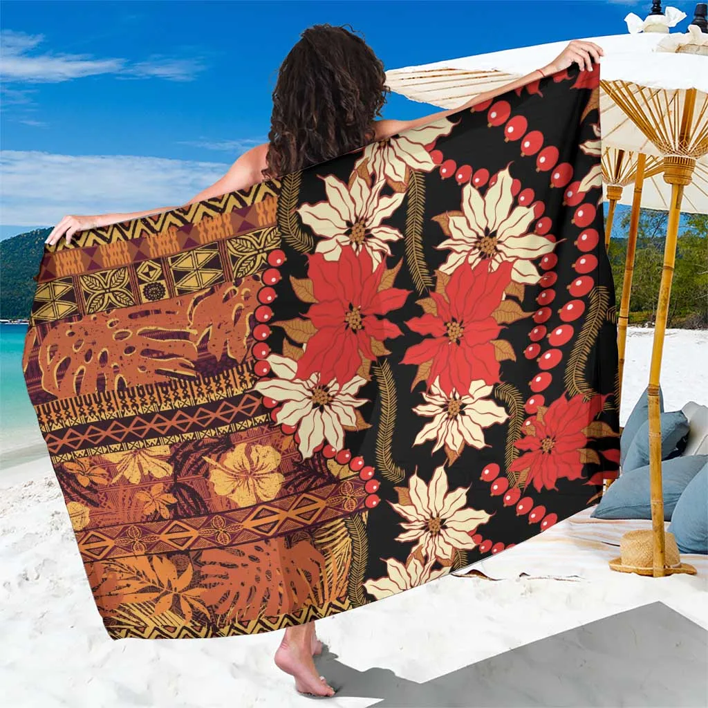 Red Green Christmas Poinsettia Lei Tapa Print Sarong Hawaiian Tropical Resort Beach Wrap Wholesale Pareo - main view