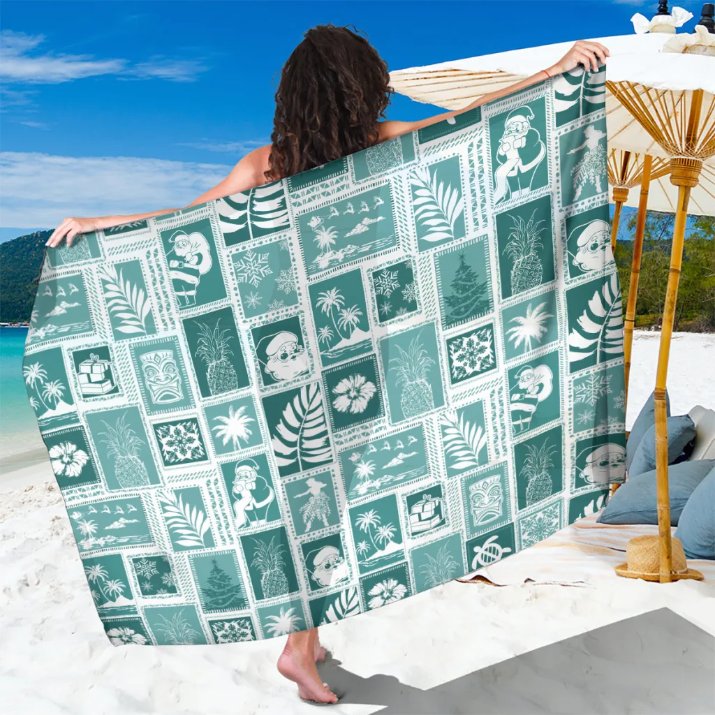 Teal Christmas Retro Patchwork Hawaii Sarong with Floral Tribal Print Beach Wrap Skirt Wholesale Pareo - main view