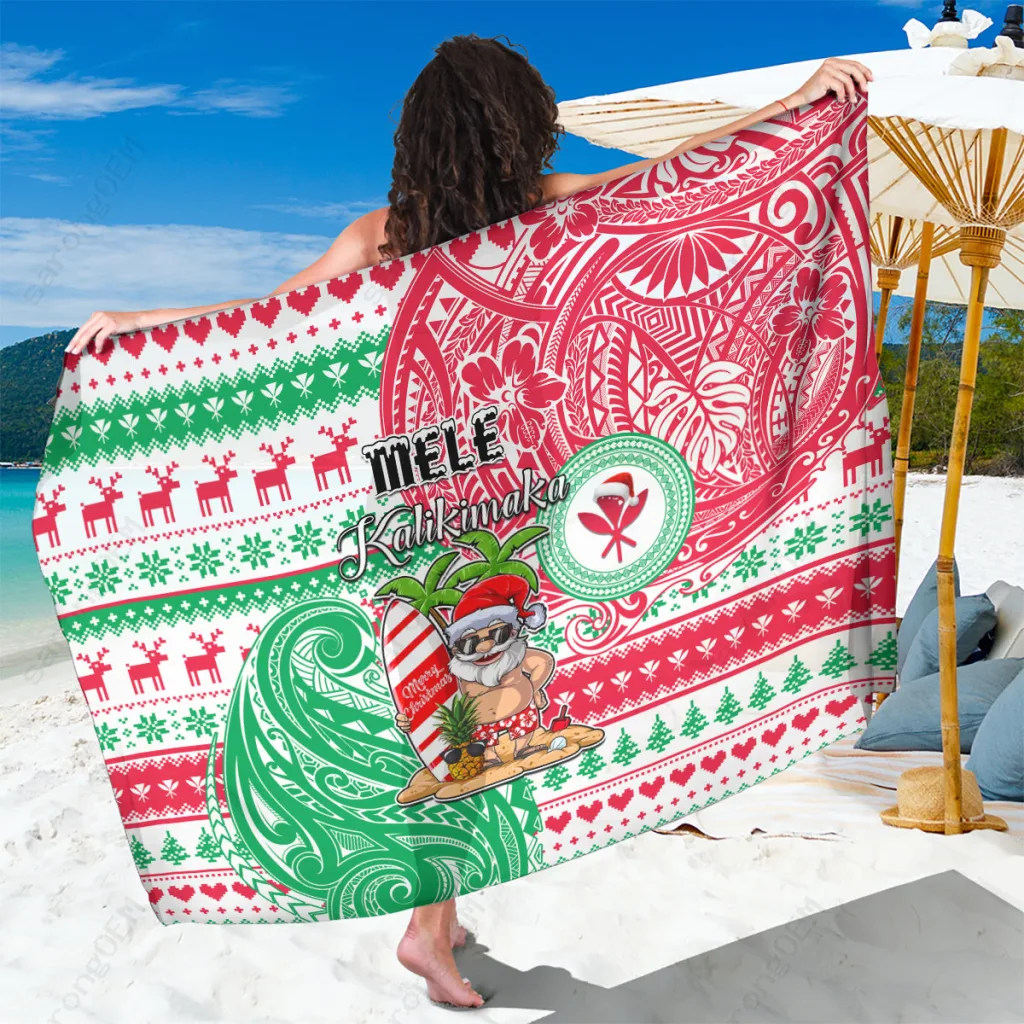 Red Santa Claus Surf Hawaii Print Sarong Beach Wrap Tropical Island Holiday Pareo Cover Up Wholesale