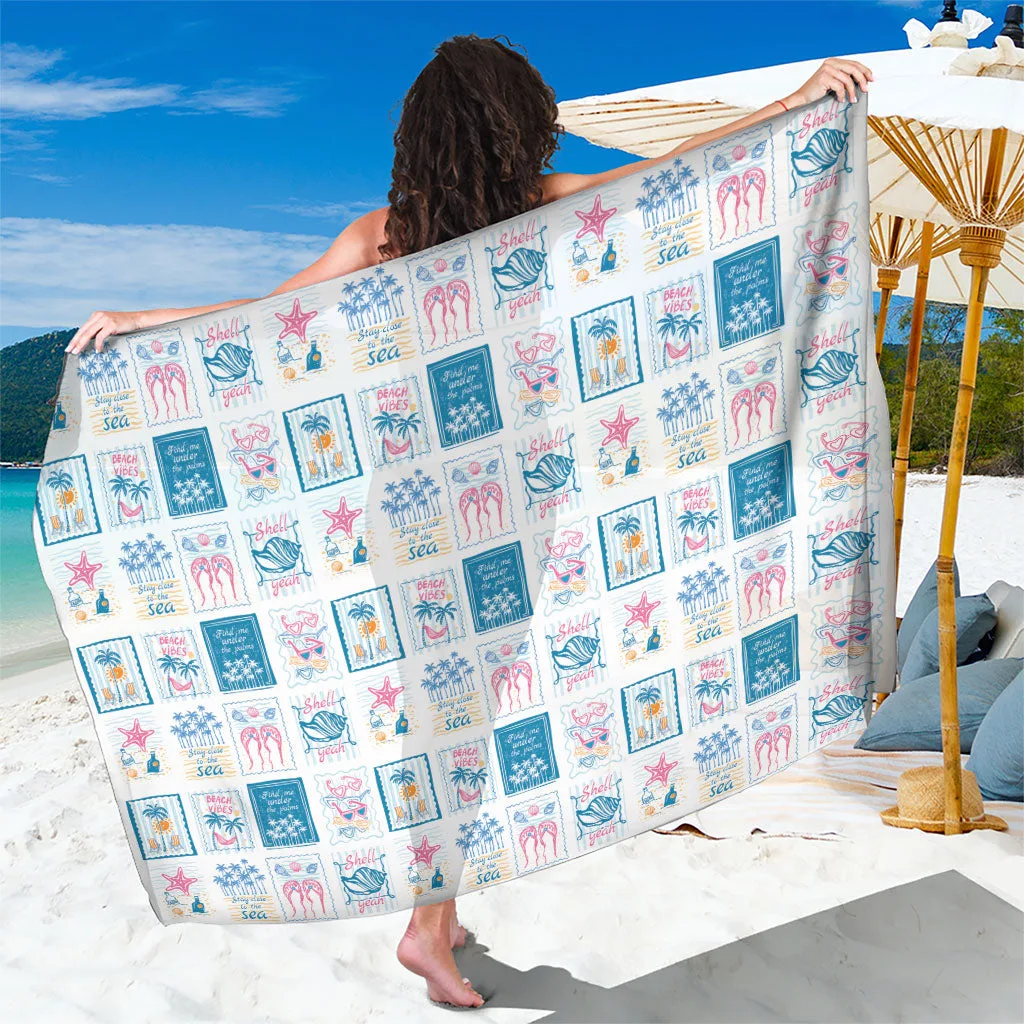 Light Blue Hawaii Coastal Summer Postcard Hibiscus Palm Print Sarong Tropical Beach Resort Cover Up Wholesale Pareo - main view