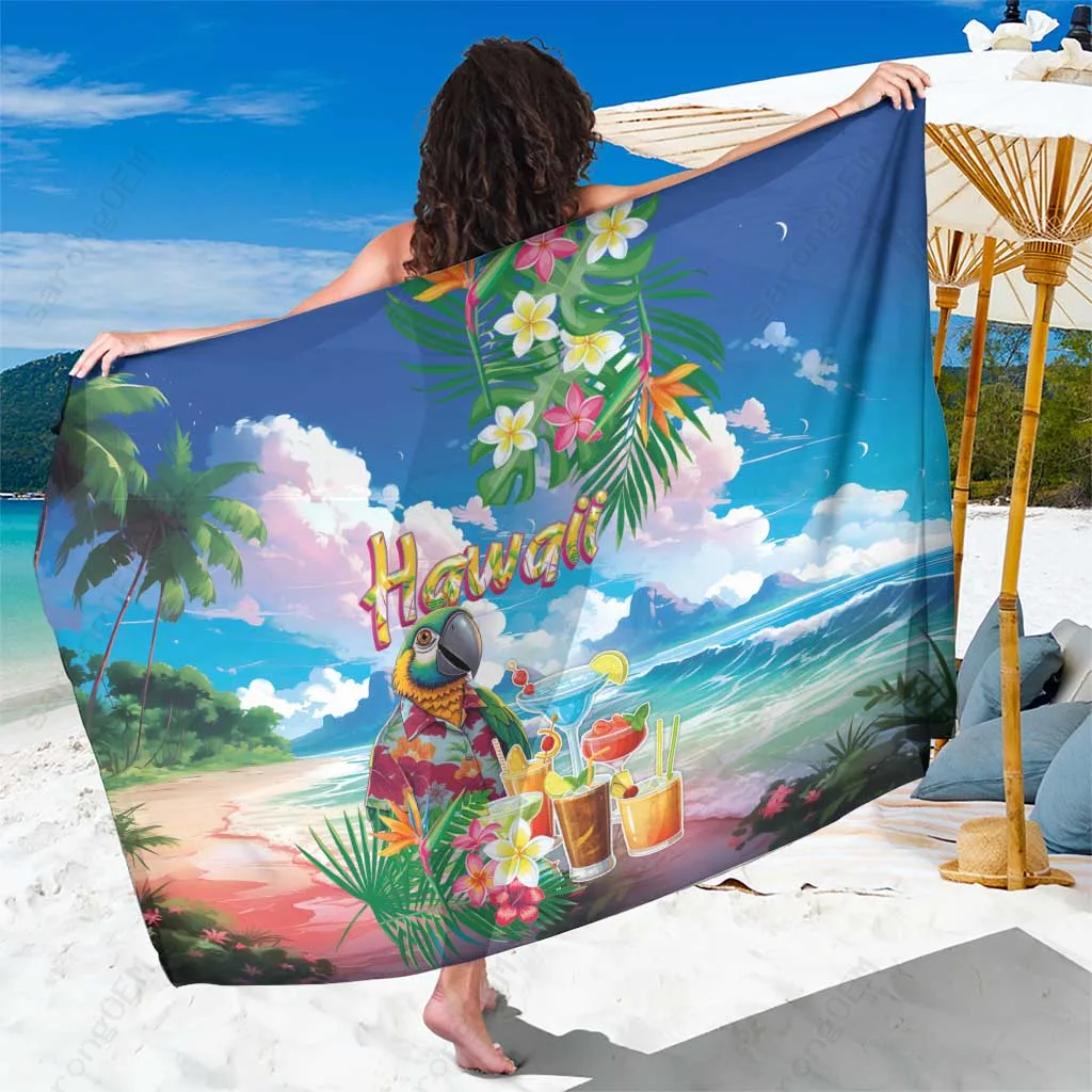 Multicolor Hawaii Cocktails Parrot Beach Landscape Tropical Plants Print Sarong Beach Wrap Pareo for Resort Wholesale - main view
