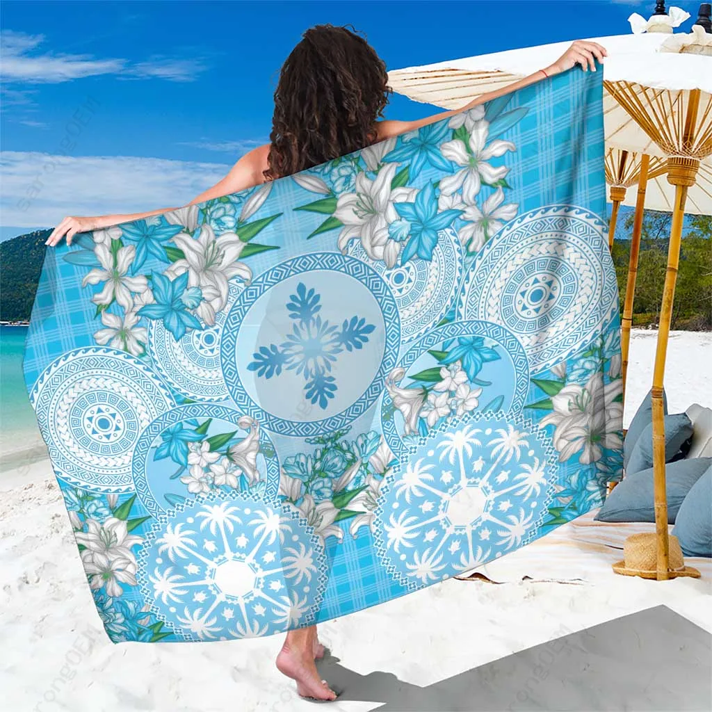 Cyan Hawaii Tropical Flowers Palaka Tapa Print Sarong Polynesian Beach Wrap Cover Up Wholesale Pareo - main view