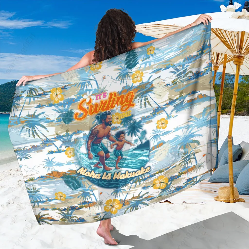 White Hawaii Fathers Day Surfing Time Aloha Sarong with Hibiscus Palm Print Tropical Beach Wrap Wholesale Pareo - main view