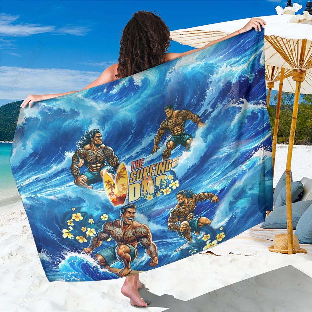 Black Polynesian Tattoo Wave Hibiscus Print Sarong Hawaii Tropical Beach Wrap Pareo Wholesale - main view