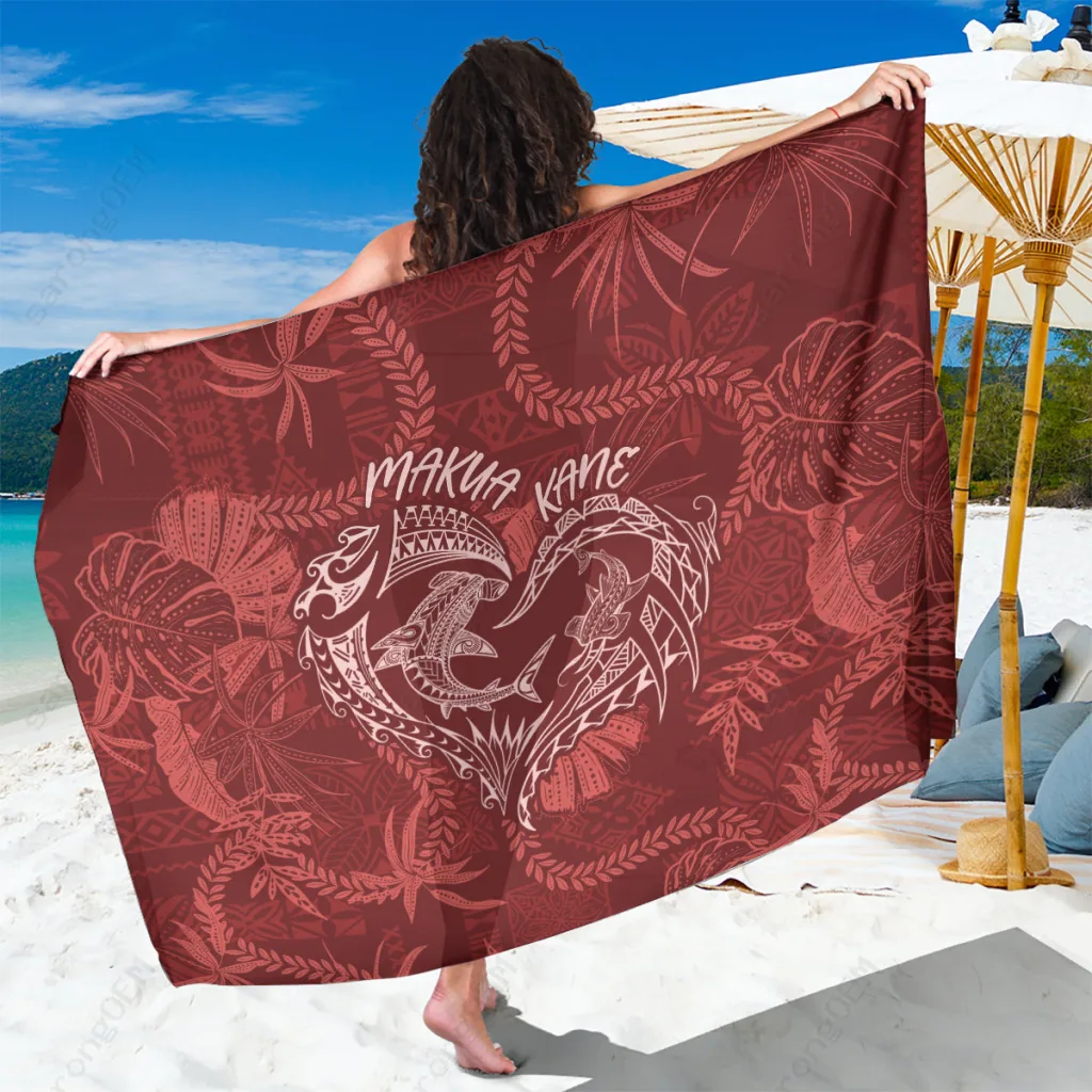 Red Vintage Lei Sarong with Hawaiian Fathers Day Print Tropical Beach Wrap Pareo for Resort Wholesale - main view