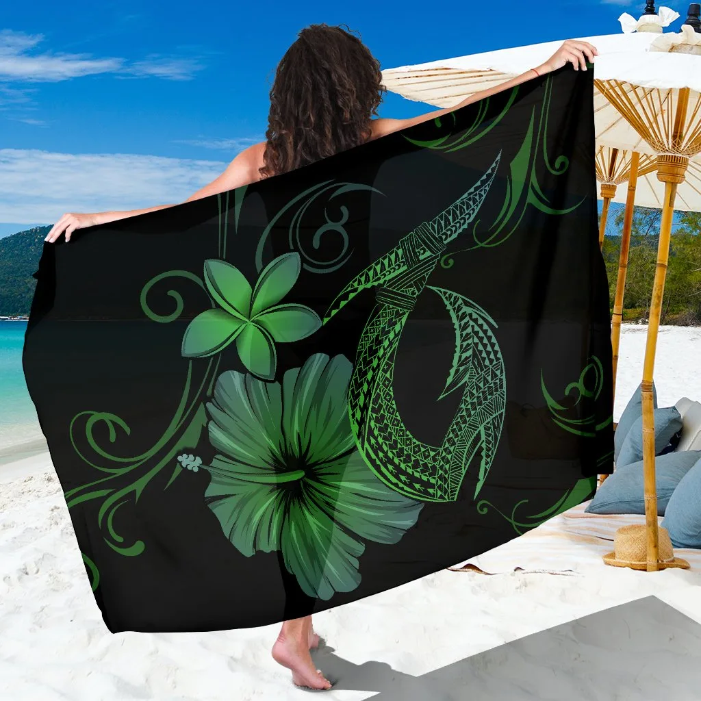 Green Hawaii Fish Hook Hibiscus Plumeria Print Poly Sarong Tropical Island Beach Wrap Wholesale Pareo - main view