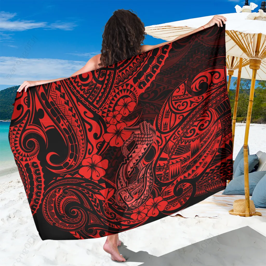 Red Hibiscus Fish Hook Tribal Print Sarong Hawaii Beach Wrap Pareo Cover Up Wholesale - main view