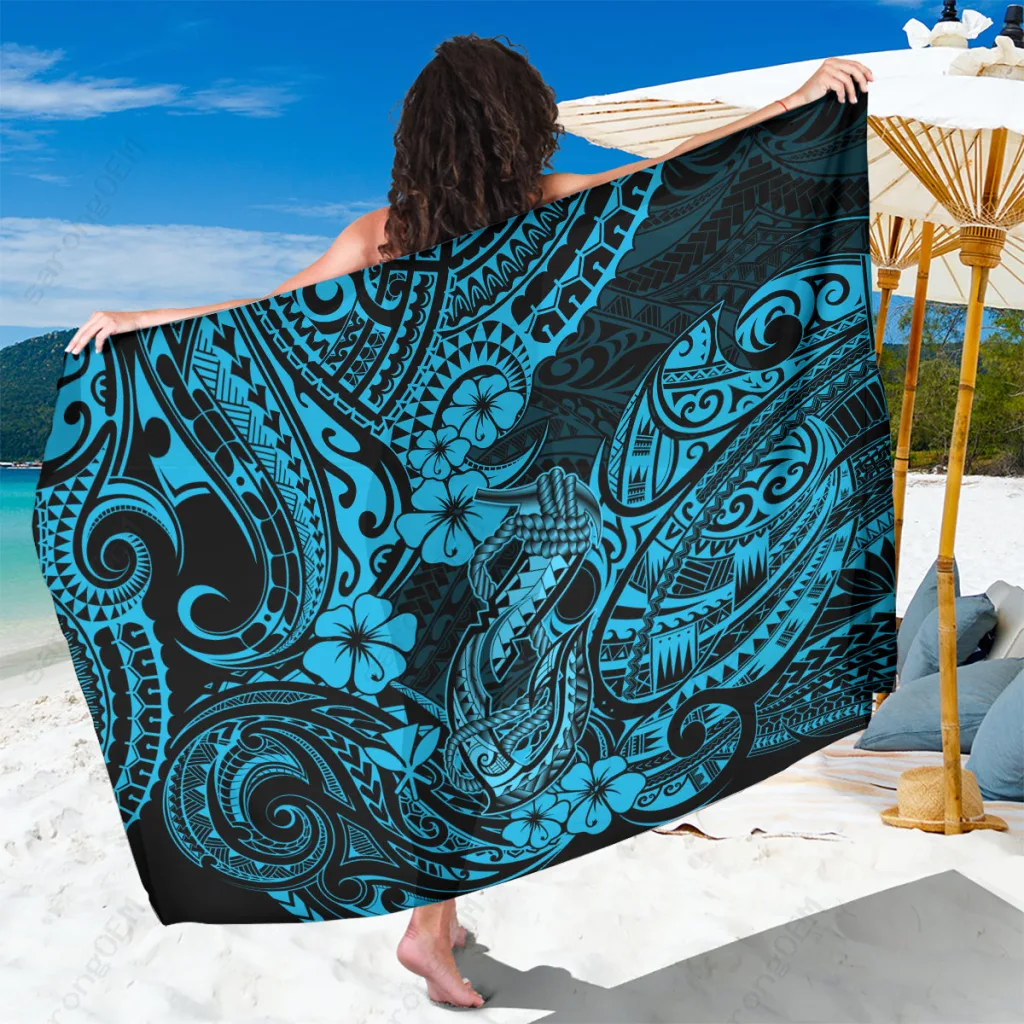 Sky Blue Hawaii Fish Hook Hibiscus Tribal Print Sarong Polynesian Beach Wrap Cover Up Wholesale Pareo - main view