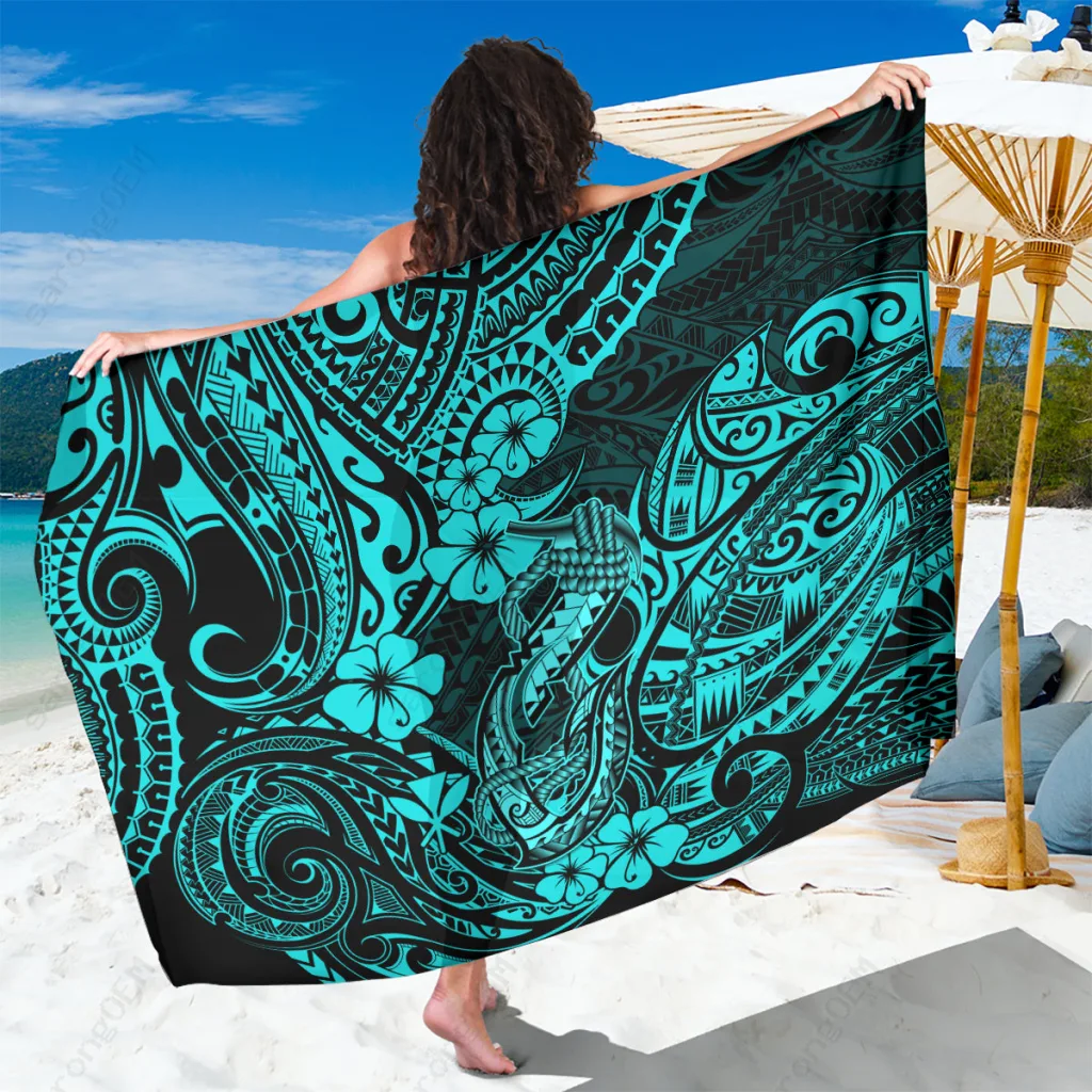 Turquoise Hawaii Fish Hook Hibiscus Tribal Tattoo Print Sarong Beach Wrap Polynesian Resort Cover Up Wholesale Pareo - main view