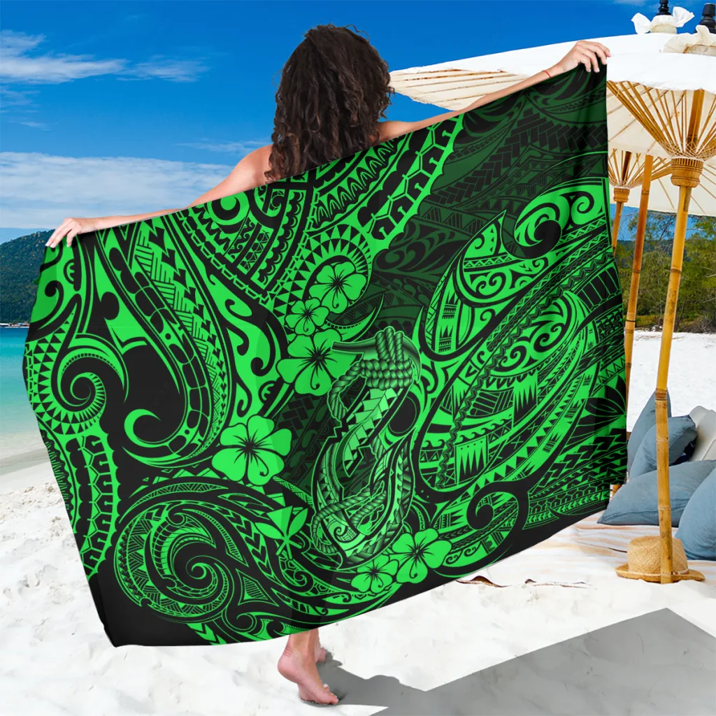 Green Fish Hook Polynesian Pattern Sarong Hawaii Tropical Beach Wrap Pareo for Resort Wholesale - main view