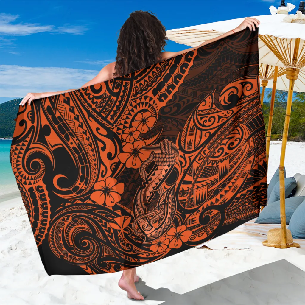 Orange Fish Hook Polynesian Pattern Sarong Hawaii Tropical Beach Wrap Resort Pareo Wholesale - main view