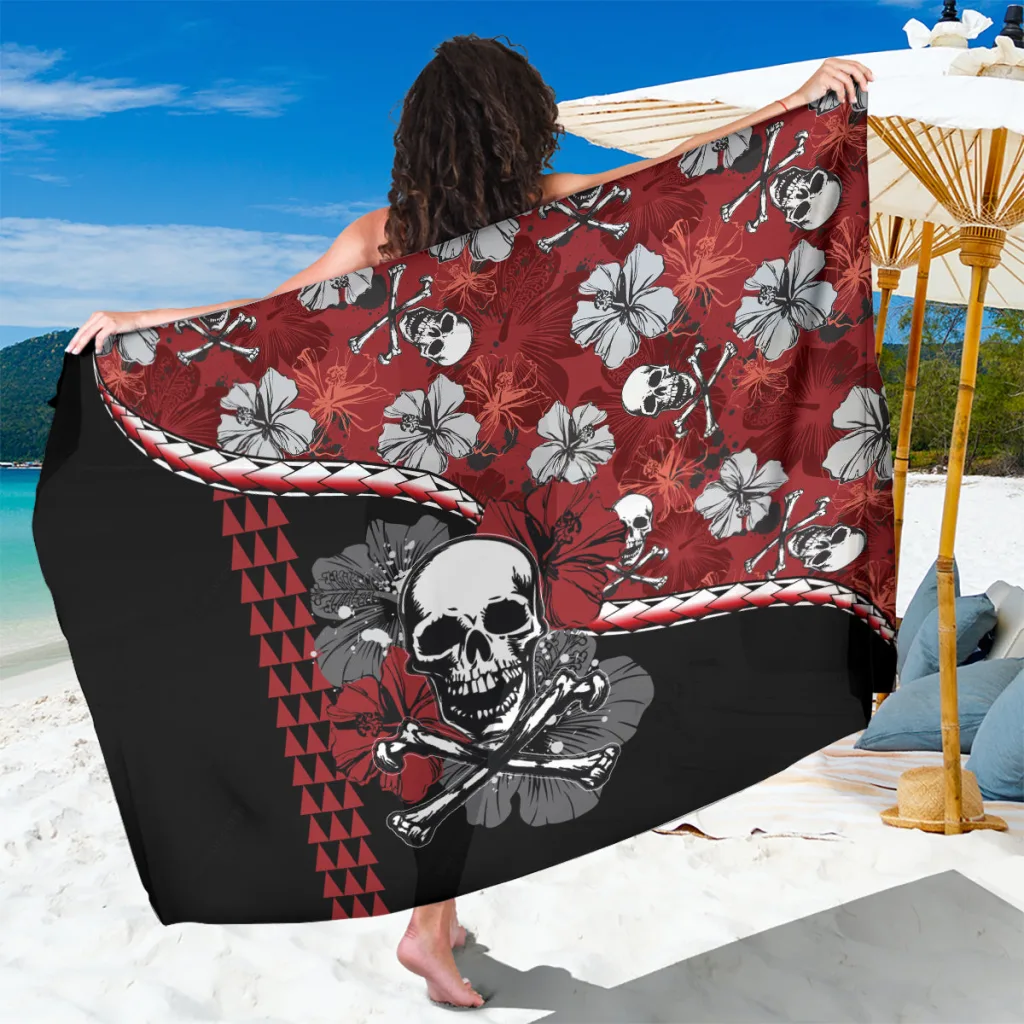Black Hibiscus Skull Kakau Hawaii Print Sarong Beach Wrap Pareo Summer Resort Cover Up Wholesale - main view