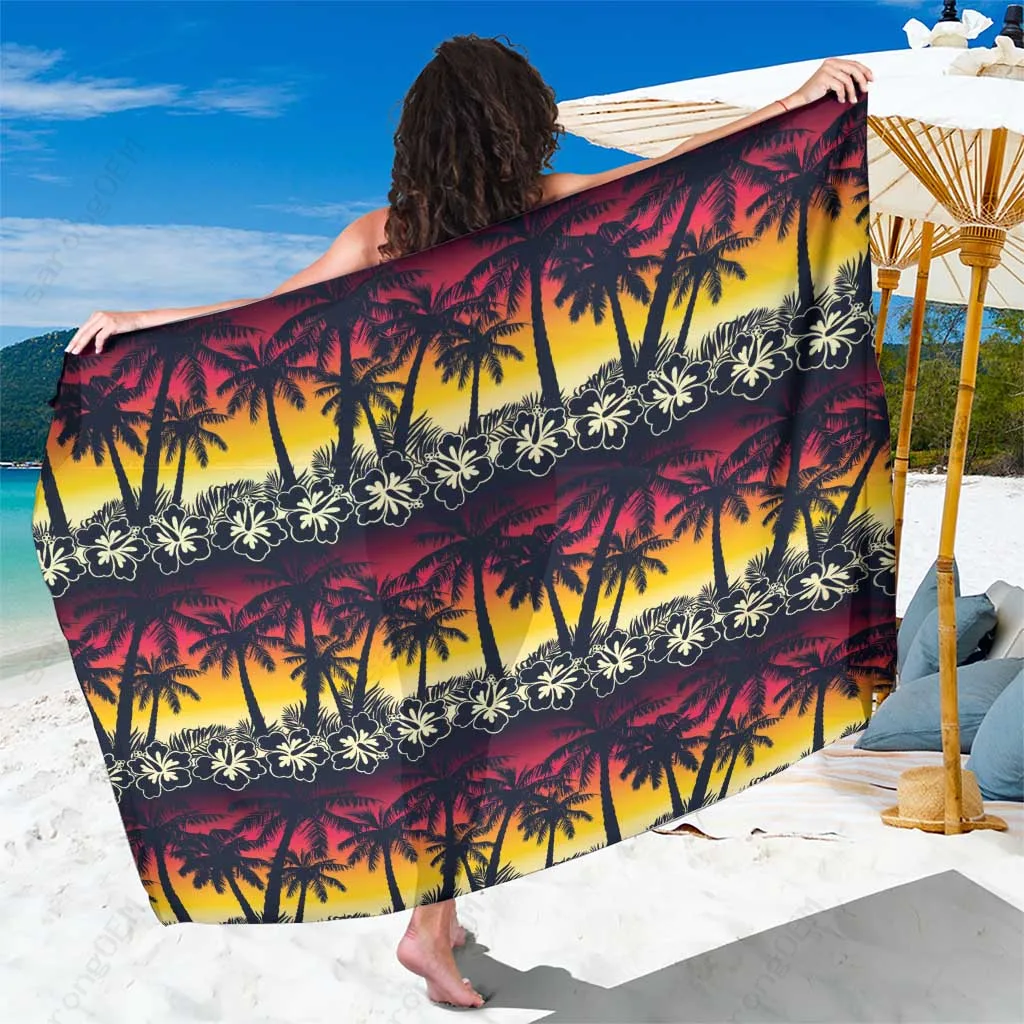 Yellow Hibiscus Palm Tree Sunset Print Sarong Hawaiian Tropical Style Beach Wrap Cover Up Wholesale Pareo - main view