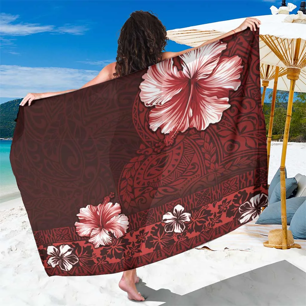 Hawaii Hibiscus With Oxblood Polynesian Pattern Sarong - main view