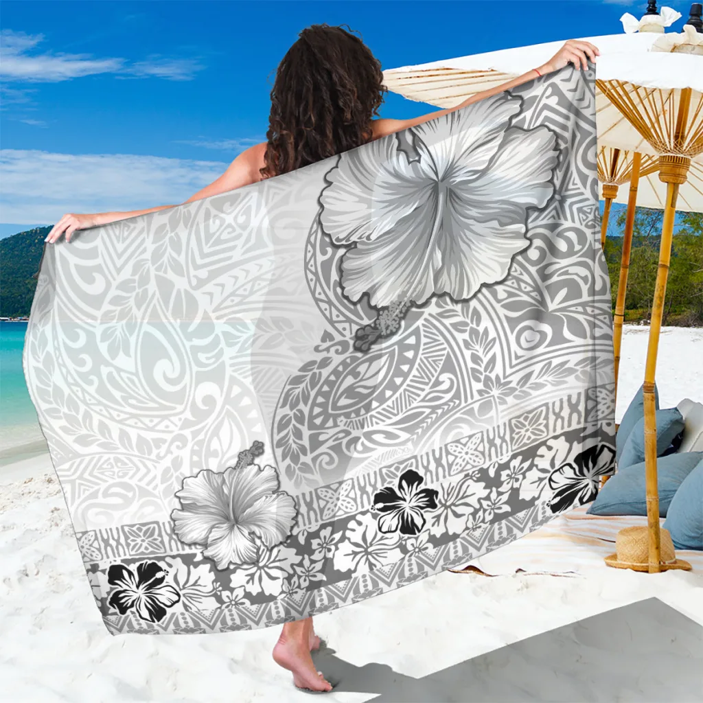 White Hibiscus Hawaii Polynesian Pattern Print Sarong Beach Wrap Summer Cover Up Wholesale Pareo - main view