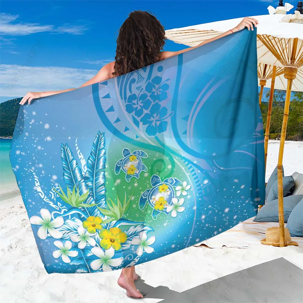 Blue Gradient Hawaii Honu Tropical Flowers Hibiscus Print Sarong Beach Wrap Pareo for Resort Hotel OEM Wholesale - main view
