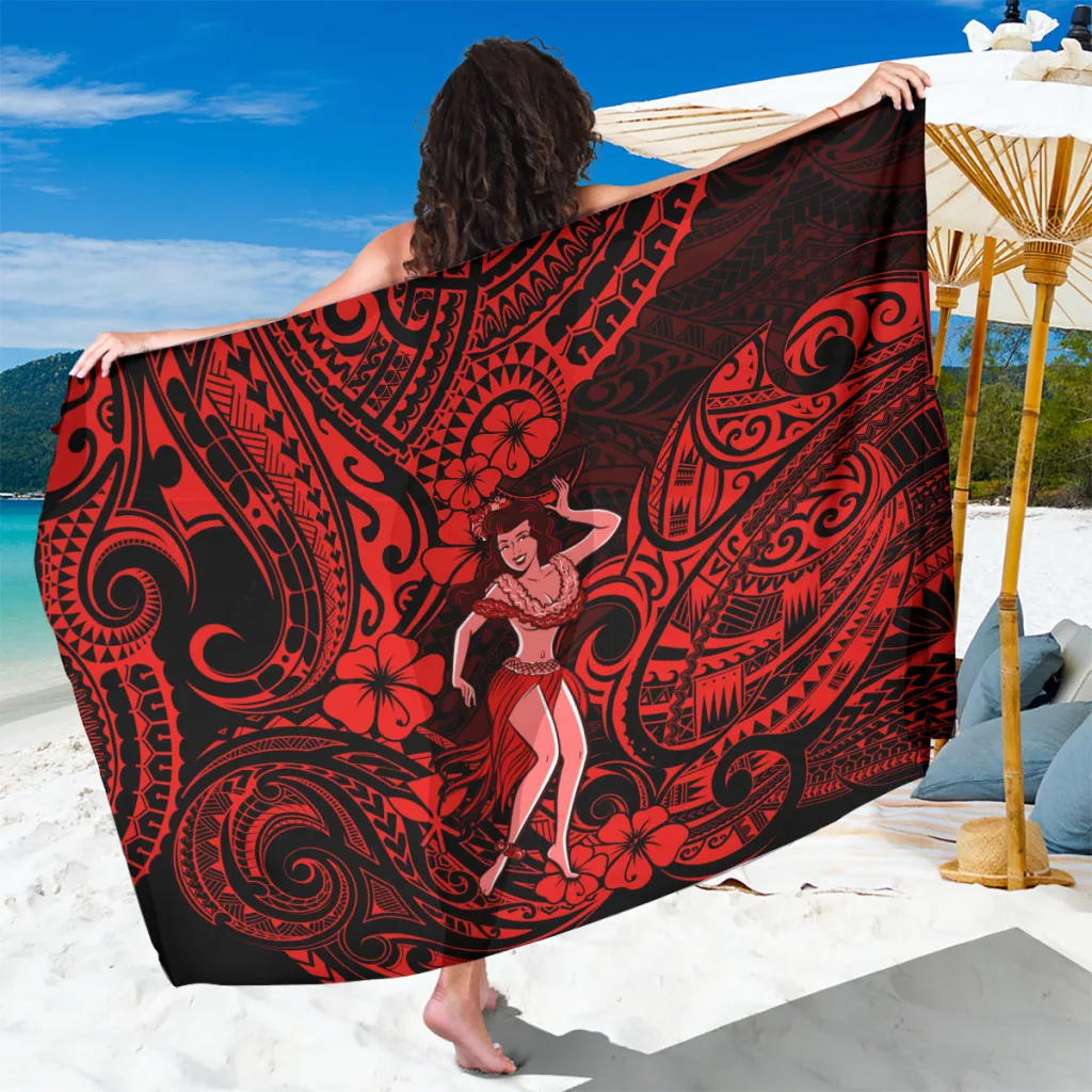 Red Hawaii Hula Girl Hibiscus Tribal Tattoo Print Sarong Beach Wrap Pareo Wholesale Custom OEM - main view