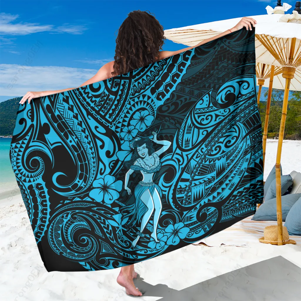 Sky Blue Hawaii Hula Girl Hibiscus Tribal Tattoo Print Sarong Beach Wrap Pareo Wholesale OEM