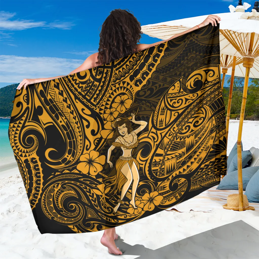 Gold Hawaii Hula Girl Polynesian Pattern Print Sarong Beach Wrap Tropical Island Resort Cover Up Wholesale Pareo - main view