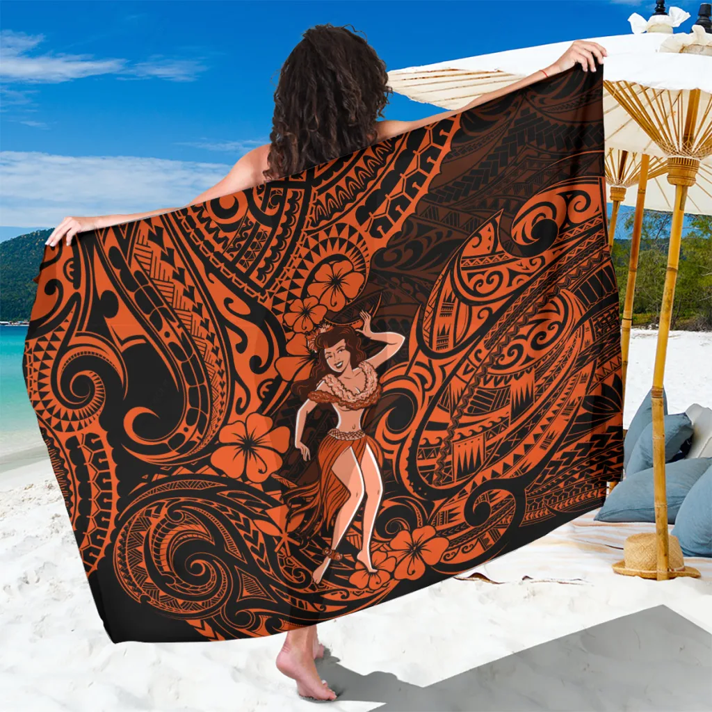 Orange Hawaii Hula Girl Polynesian Pattern Floral Print Sarong Beach Wrap Pareo for Resort Wholesale - main view