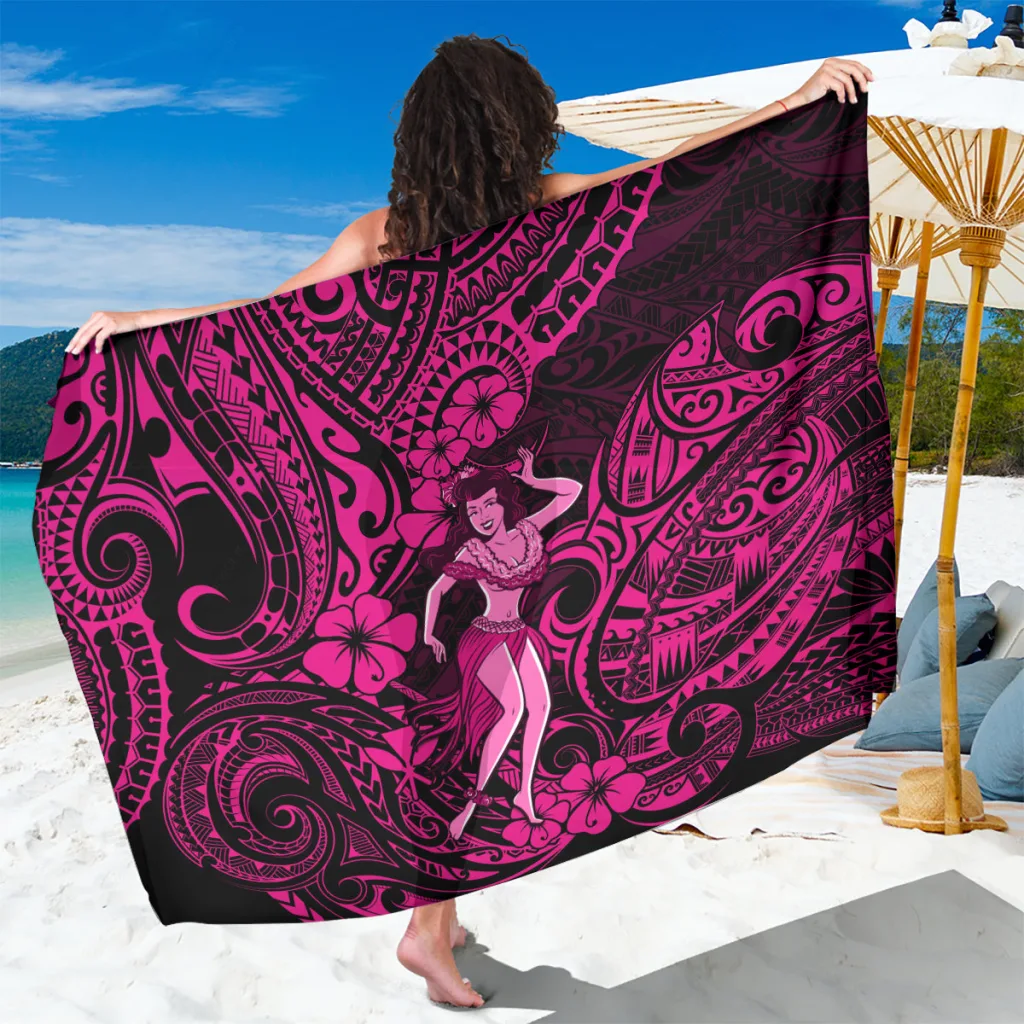 Pink Hawaii Hula Girl Polynesian Pattern Print Sarong Tropical Beach Wrap Wholesale Pareo - main view