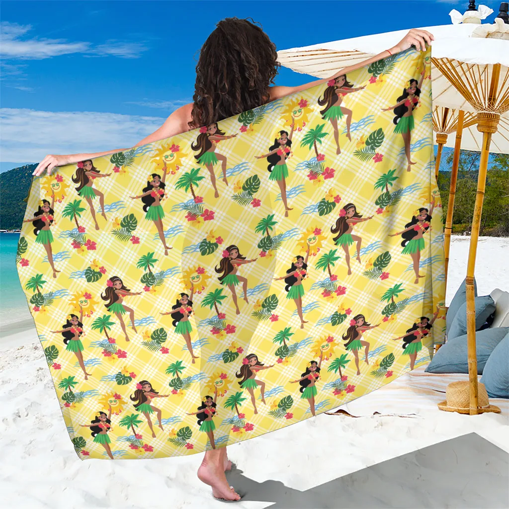 Yellow Hawaii Hula Girl Tropical Palm Hibiscus Print Sarong Polynesian Beach Wrap Wholesale Pareo - main view