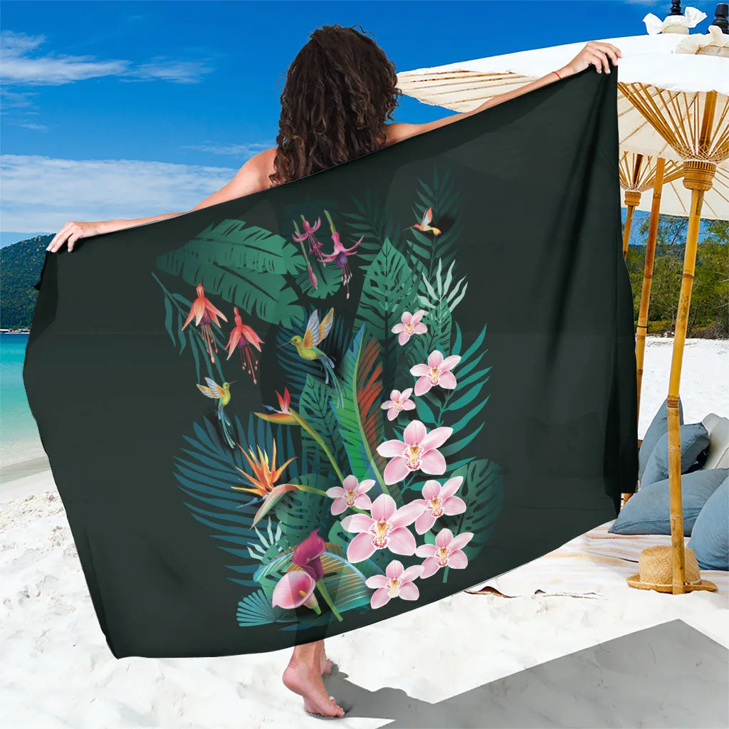 Dark Green Hawaii Hummingbird Tropical Flowers Print Sarong Polynesian Beach Cover Up Wrap Wholesale Pareo - main view
