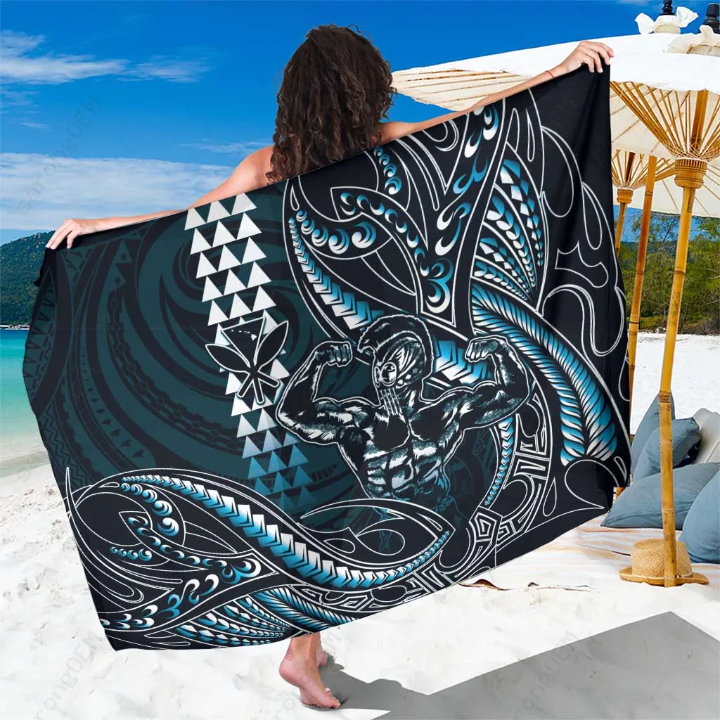 Blue Hawaii Ikaika Warrior Helmet Tribal Tattoo Print Sarong Polynesian Beach Wrap Wholesale Pareo - main view