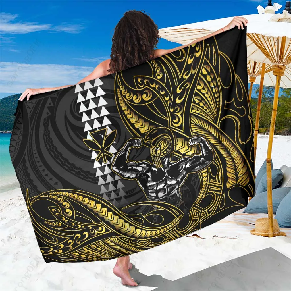 Gold Hawaiian Ikaika Warrior Helmet Tribal Print Sarong Beach Wrap Polynesian Island Resort Cover Up Wholesale Pareo - main view