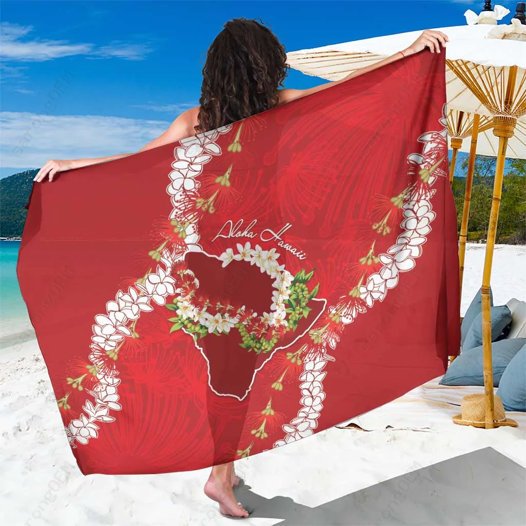 Red Hawaii Island Flowers Lei Sarong Pareo Beach Wrap Tropical Resort Cover Up Rayon Wholesale - main view
