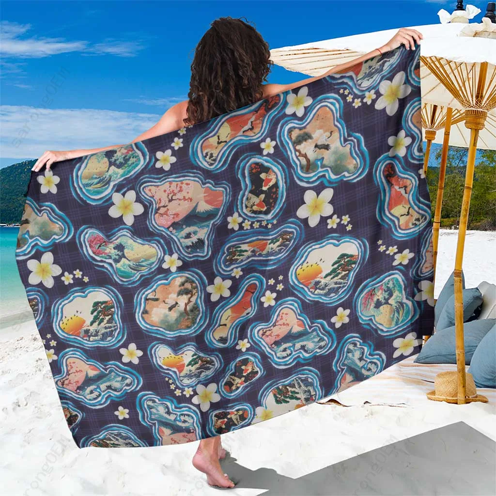 Navy Hawaii Islands Map Japanese Landscape Print Sarong Beach Wrap Hawaiian Fusion Art Cover Up Wholesale Pareo - main view