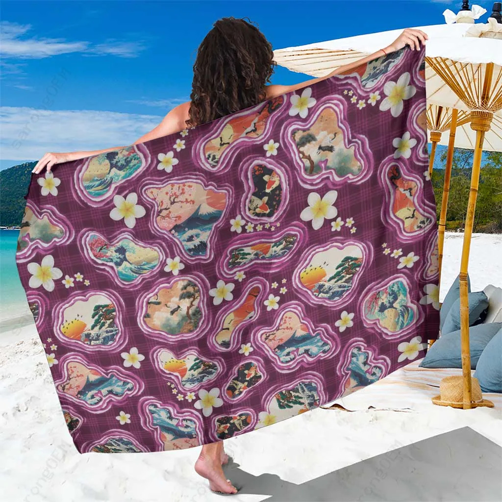Pink Hawaii Islands Map Japanese Landscape Print Sarong Beach Wrap Polynesian Style Island Cover Up Wholesale Pareo - main view