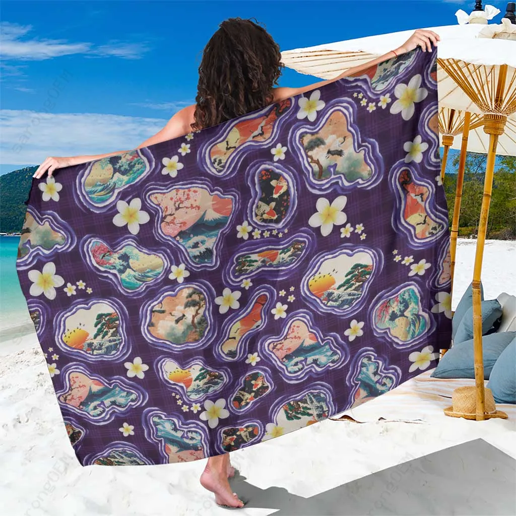 Purple Hawaii Islands Map Japanese Landscape Print Sarong Hawaiian Japan Fusion Art Beach Wrap Wholesale Pareo - main view