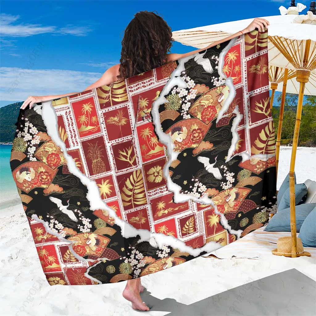 Black Hawaii Japanese Culture Crane Aloha Pattern Sarong Beach Wrap Pareo Wholesale Summer Cover Up - main view