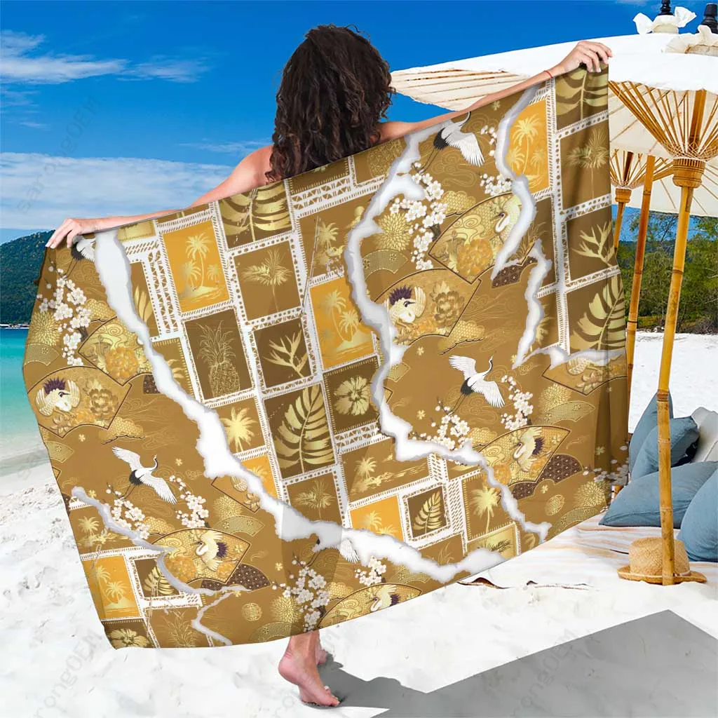 Gold Hawaii Japanese Culture Crane Aloha Print Sarong Tropical Beach Wrap Skirt Wholesale Pareo - main view