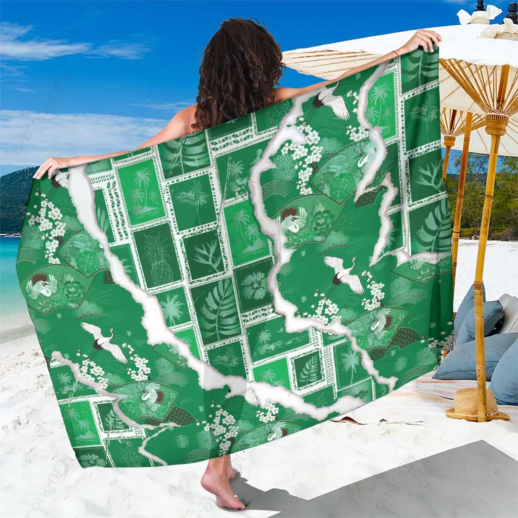 Green Hawaiian Japanese Culture Sarong with Cranes and Aloha Pattern Beach Wrap Wholesale Pareo - main view