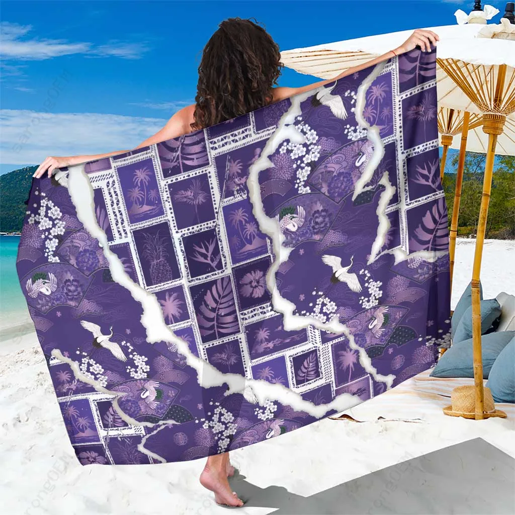 Purple Spring Cranes Aloha Floral Sarong Hawaiian Japanese Culture Beach Wrap Wholesale Pareo - main view