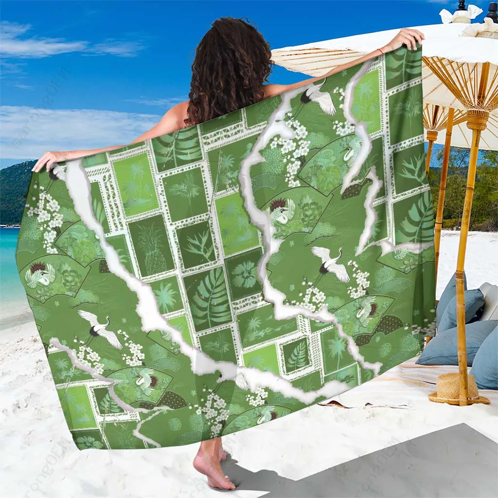 Sage Green Hawaii Japanese Cranes Aloha Print Sarong Beach Wrap Polynesian Resort Cover Up Wholesale Pareo - main view