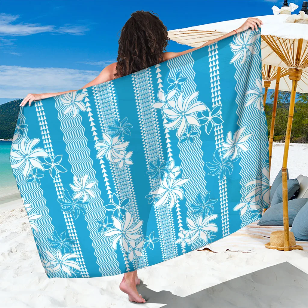 Blue Hawaii Kakau Tribal Sarong with Tiare Print Beach Wrap Pareo for Resort Wholesale - main view
