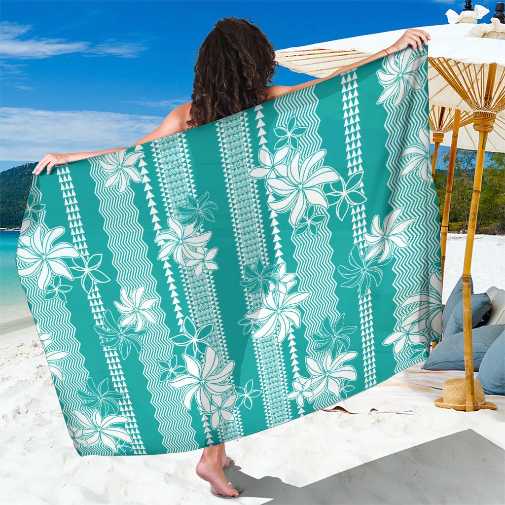 Teal Tribal Hawaii Kakau Sarong with Tiare Print Polynesian Beach Cover Up Wholesale Pareo - main view