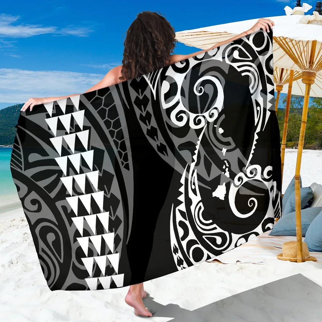 White Hawaii Polynesian Kakau Tribal Mandala Print Sarong Beach Wrap Pareo for Resort Hotel Wholesale - main view