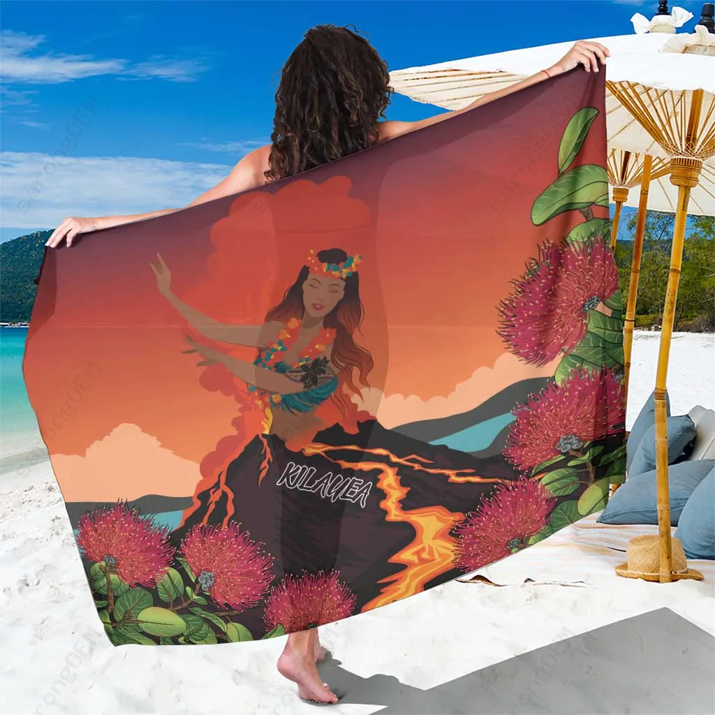 Black Gold Lava Flame Pele Goddess Hibiscus Print Sarong Hawaii Volcano Beach Wrap Pareo Wholesale - main view