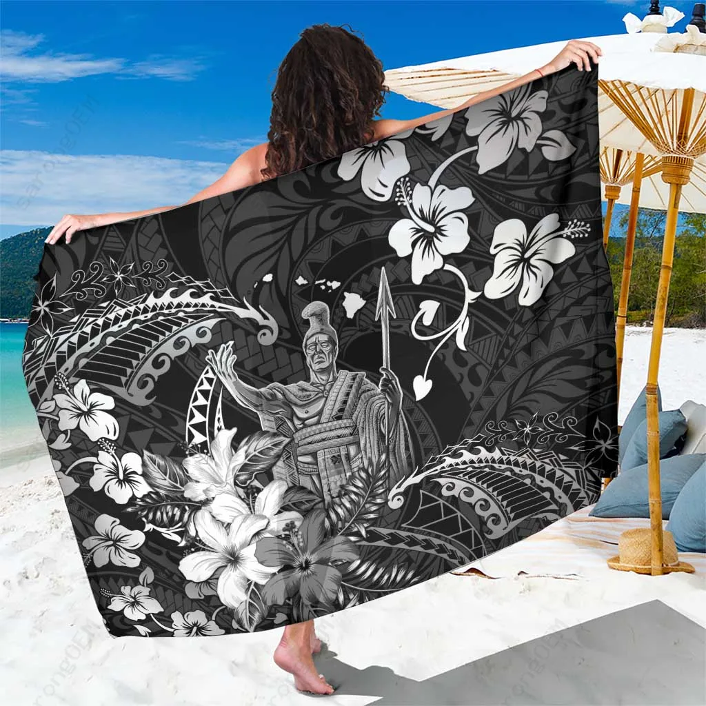 Black Hibiscus Polynesian Pattern Print Sarong Hawaii Beach Wrap Wholesale Pareo - main view