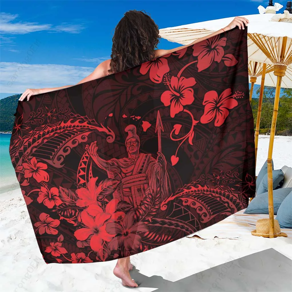 Red Hibiscus Polynesian Pattern Print Sarong Hawaii Tropical Beach Wrap Pareo Wholesale OEM - main view
