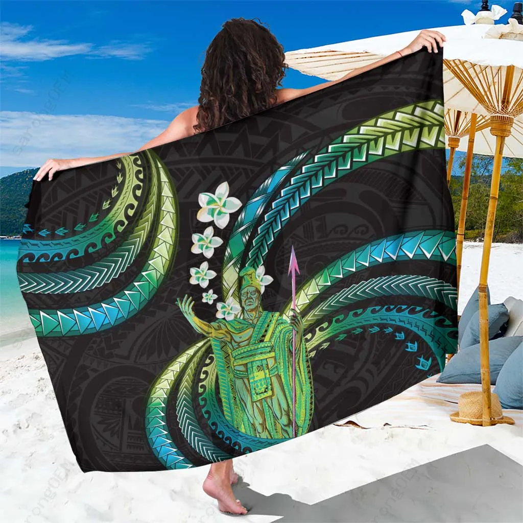 Cyan Hawaii Plumeria Hibiscus Tribal Print Sarong Tropical Island Beach Wrap Wholesale Pareo - main view