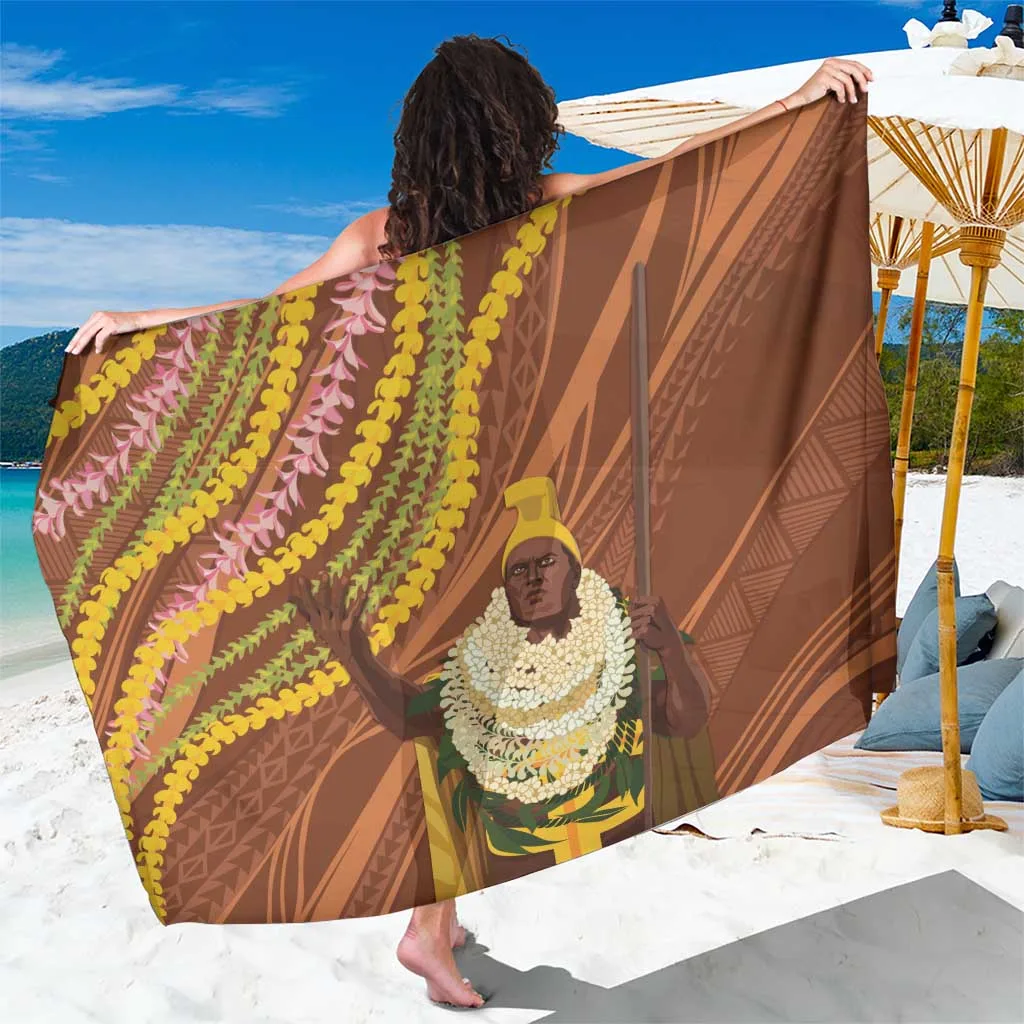 Red Brown Hawaii King Kamehameha Kakau Pattern with Leis Print Sarong Polynesian Style Beach Wrap Wholesale Pareo - main view