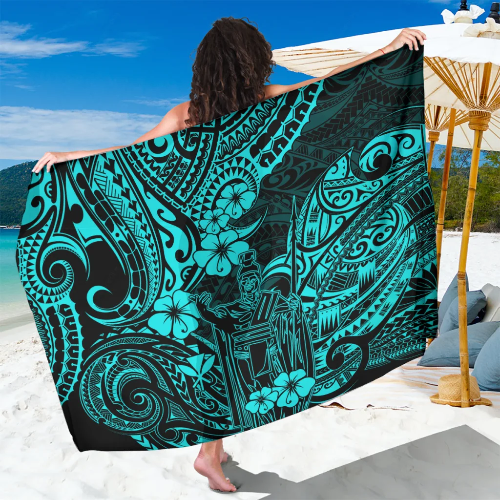 Turquoise Hawaii King Kamehameha Sarong with Polynesian Tribal Turtle Hibiscus Mandala Print Beach Wrap Wholesale Pareo - main view