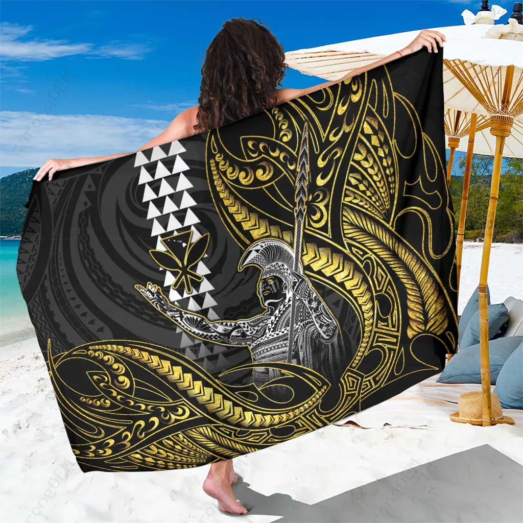 Gold Hawaii King Kamehameha Tribal Tattoo Print Sarong Polynesian Beach Wrap Pareo Wholesale - main view