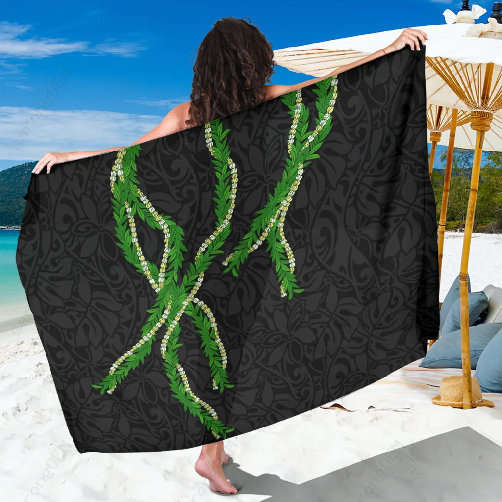 Black Hawaii Maile Lei Floral Hibiscus Tribal Print Sarong Tropical Beach Wrap Cover Up Pareo Wholesale - main view