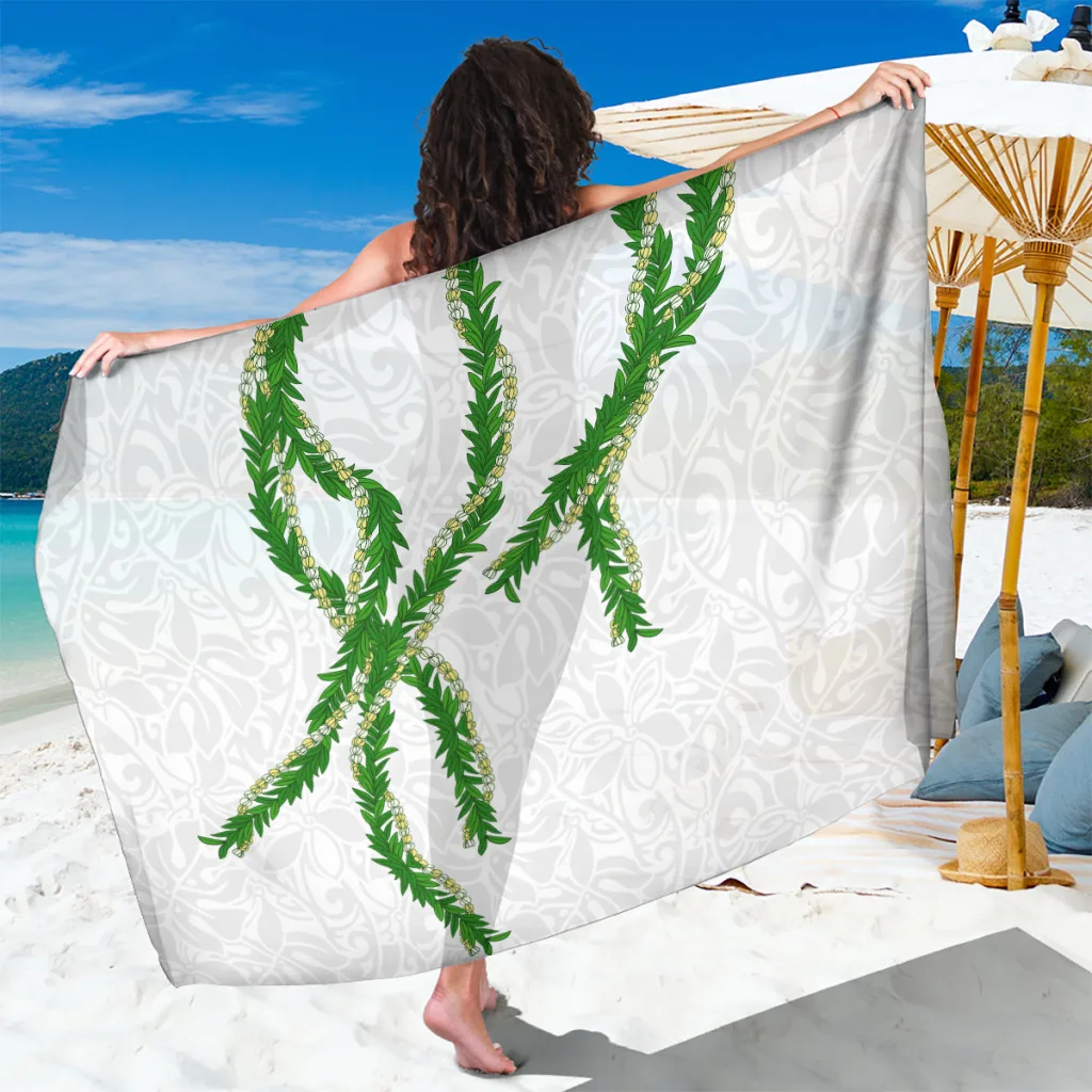 White Hawaii Maile Lei Floral Hibiscus Tribal Print Sarong Tropical Island Beach Wrap Cover Up Wholesale Pareo - main view